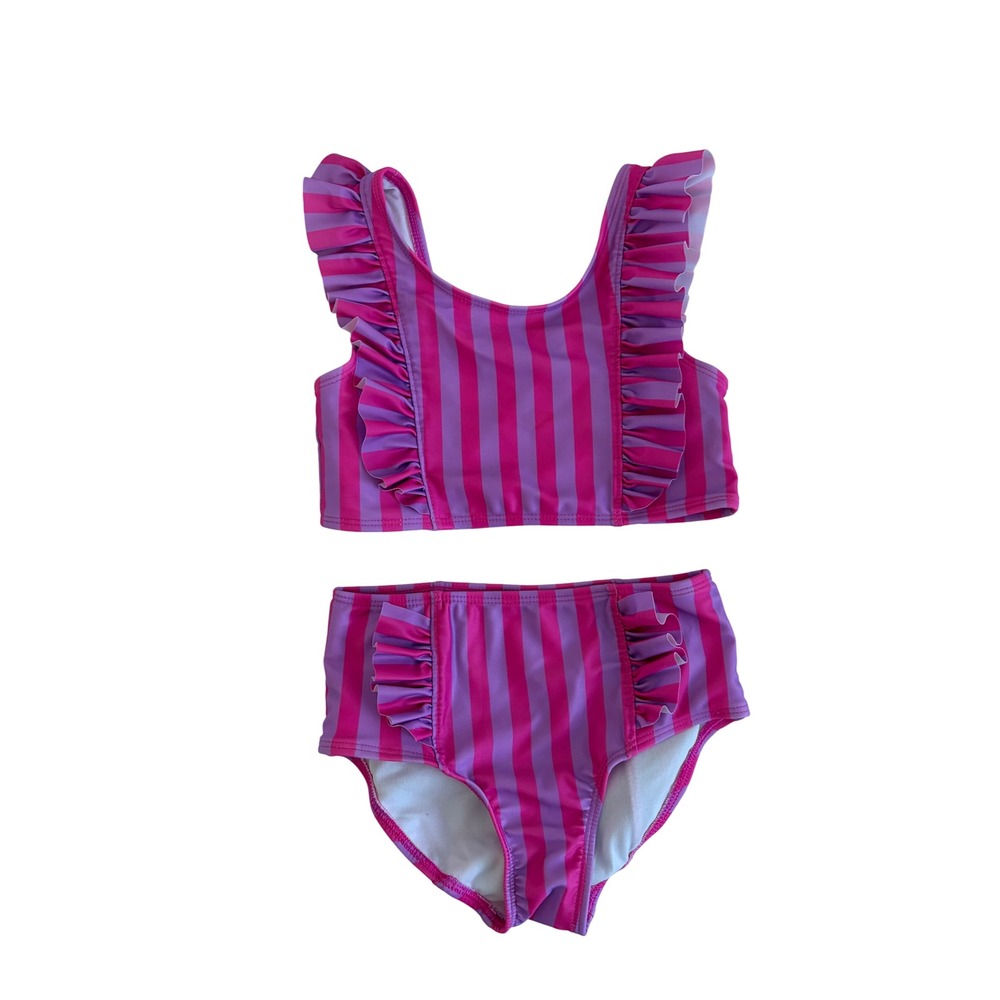 Cat & Jack Toddler Girls Pink Purple Striped Ruffle Two Piece Swimsuit 5T NWT
